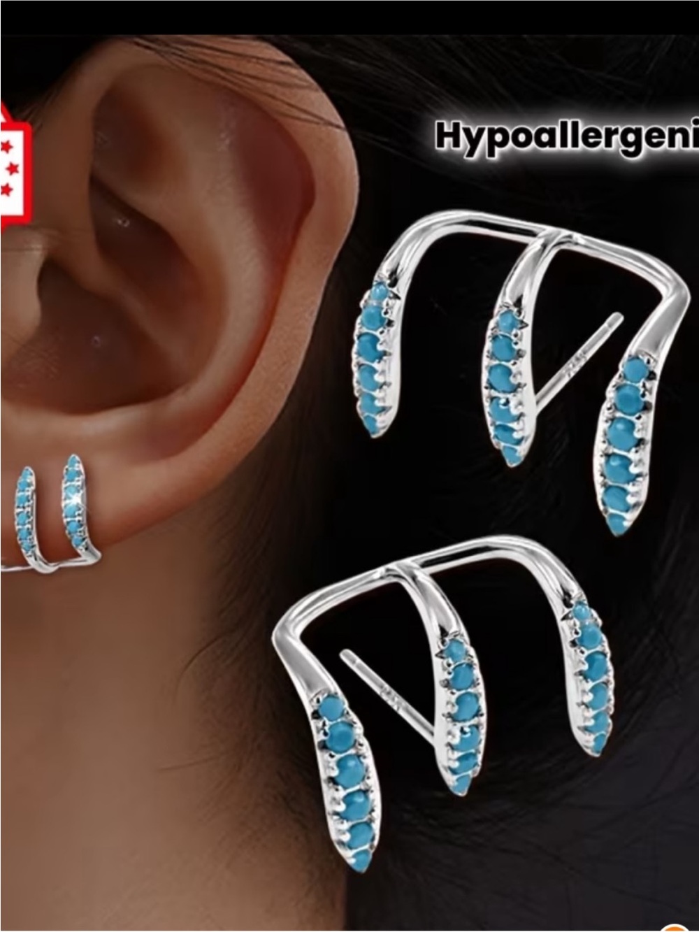 Sterling Silver Turquoise Ear Cuff Set - Hypoallergenic